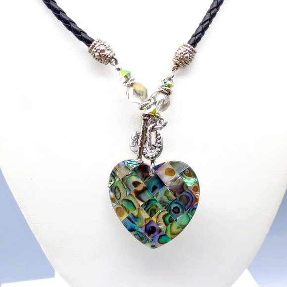 Vintage Abalone Tile Heart Pendant on Braided Leather and Crystal Necklace, Merm - Picture 3 of 5